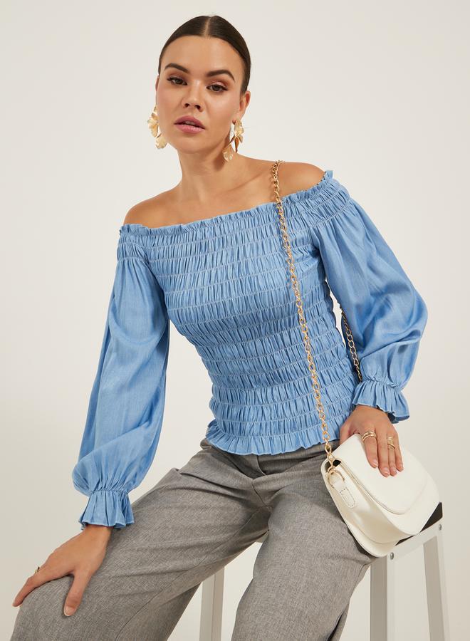 Styli Solid Smocked Off Shoulder Neck Top - Image 1